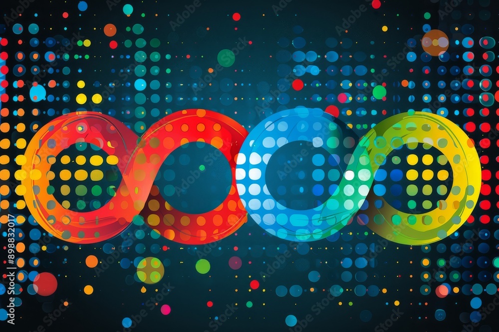 Poster colorful digital circles with dots and lines on a dark background