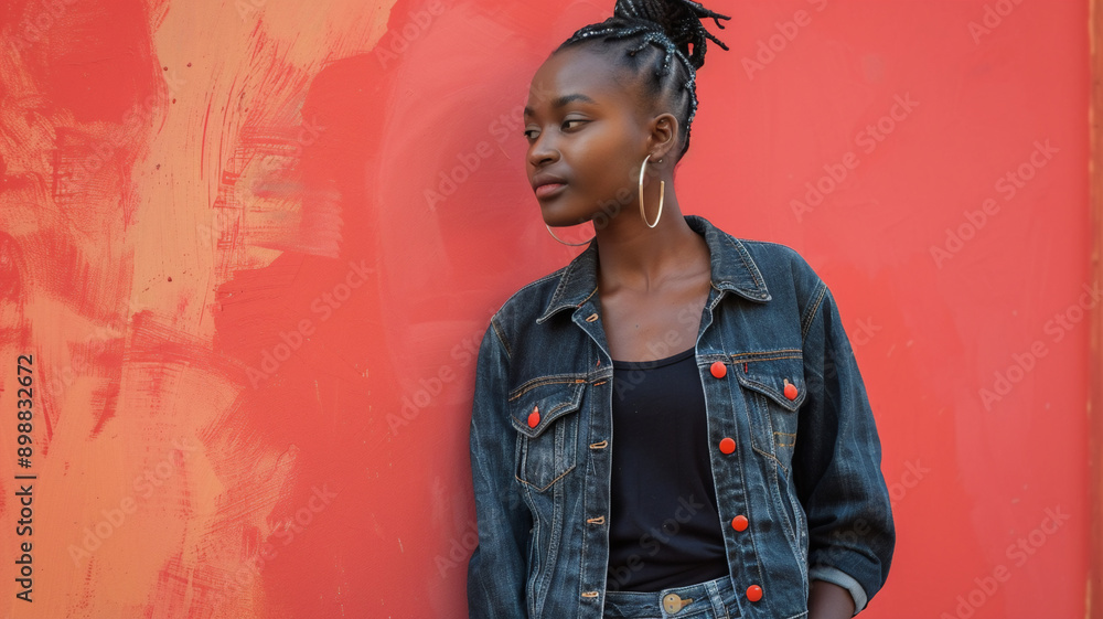 Wall mural  Dark colored biodegradable denim jacket worn by a South-African woman, mockup image 