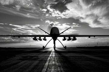 A vintage-style black and white image of a military plane in flight