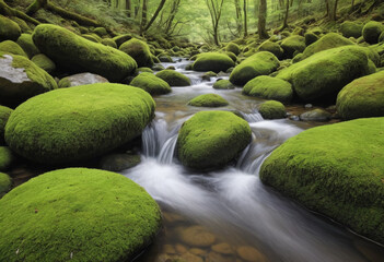  Moss-covered rocks in a stream. 