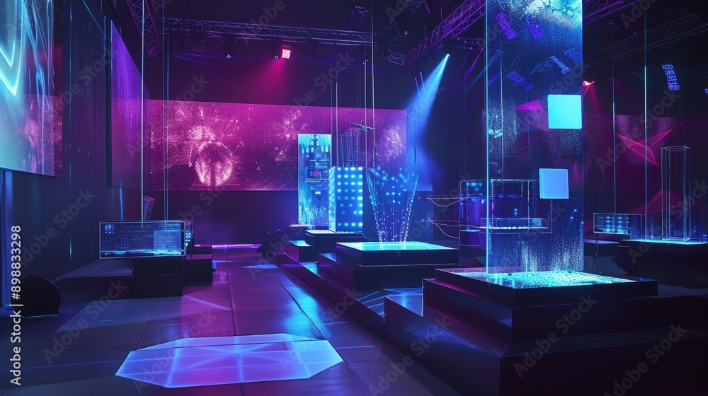 Poster futuristic product launch event with holograms and cutting-edge technology displays