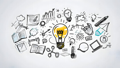 Hand-drawn business and creativity concept sketches encircling a lightbulb on a white background, symbolizing innovation and ideas