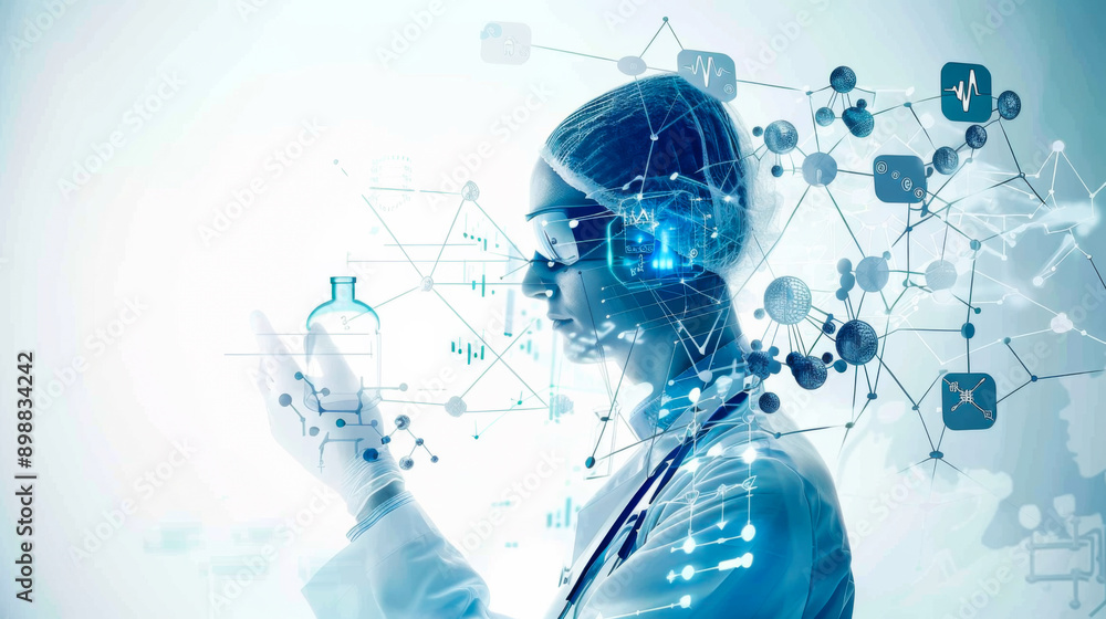 Poster a man in a white lab coat is holding a tablet and looking at a computer screen. the image is a repre