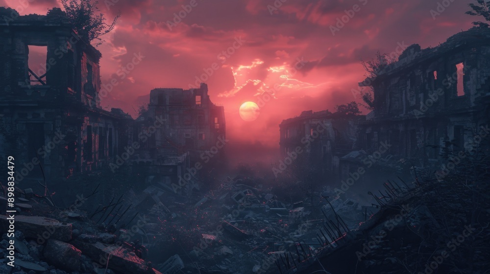 Poster A sunset view of a ruined city with buildings and structures in disarray