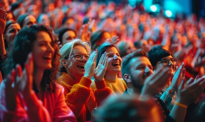 Happy audience applauding at a show or business seminar,theater performance listening and clapping at conference and presentation.Group of supporters,fans cheering excited, Generative AI