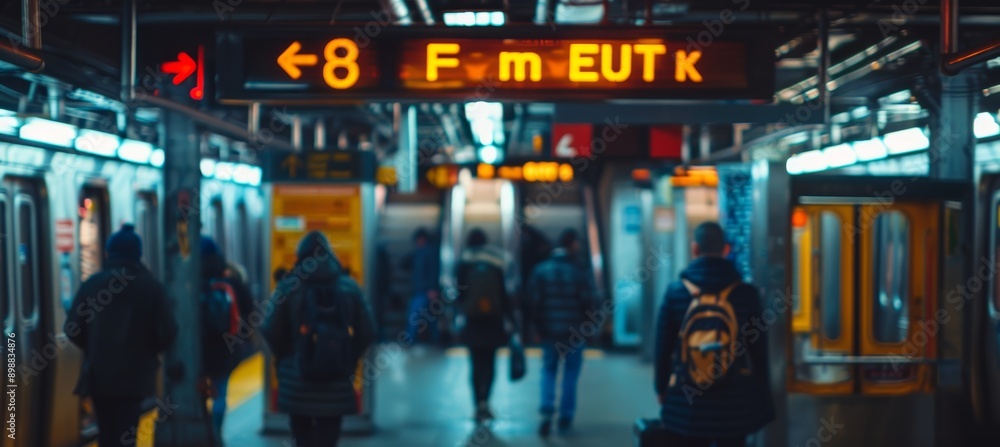 Aufkleber busy subway station with directional signs and crowds of commuters navigating platforms and exits