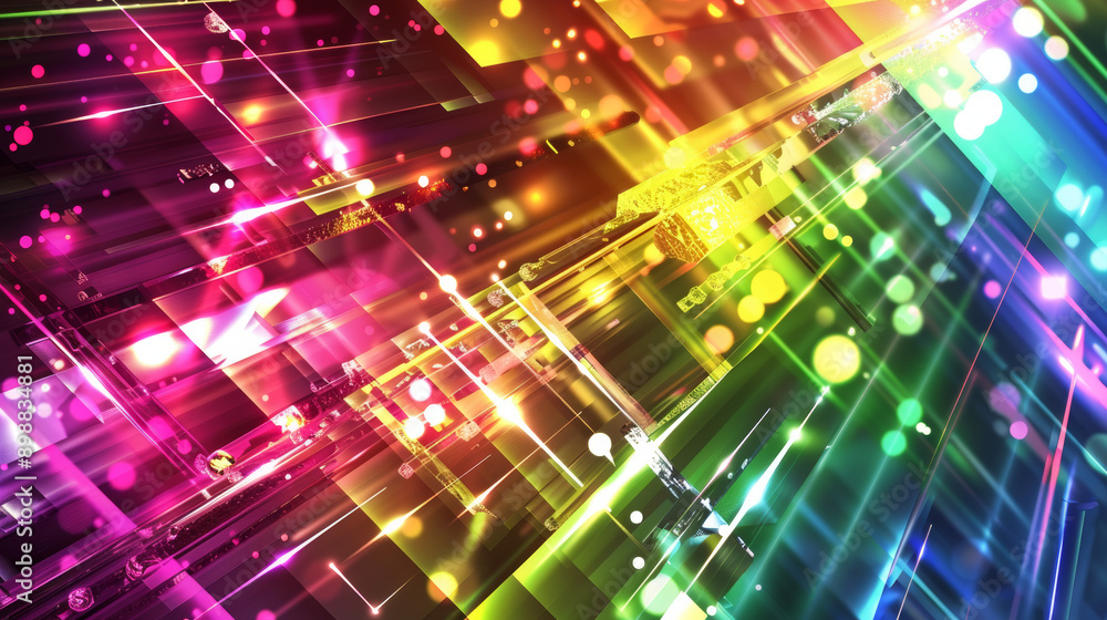 Poster neon lights shimmer on a background of crystal glass. a rainbow effect and laser beams add depth and