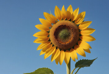  A sunflower with a clear blue sky backdrop. 