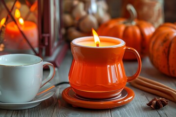 Cozy Autumn Gathering Featuring Pumpkin Candle and Warm Drink on Rustic Table