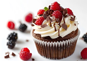 A chocolate cupcake with raspberries and blackberries