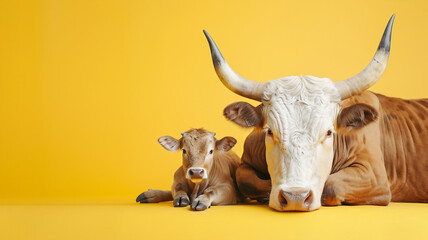 Naklejka premium A cute adult and bull is laying down with an isolated yellow background 
