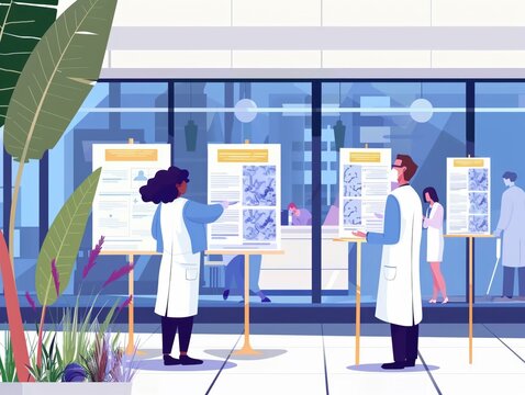 Healthcare workers setting up informational posters about disease prevention in a public space