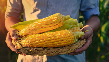 Corn trees on plantation. close up hand Selected The best Corn are still fresh and ready to be harvested.