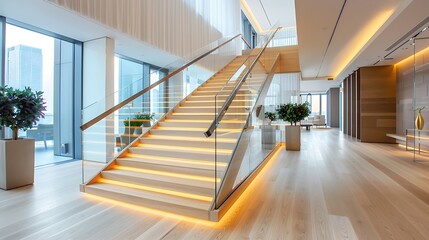 Obraz premium Floating wooden staircase with glass railings 