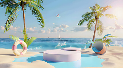 Obraz premium 3D render, Summer background with empty podium displays and minimal element, beach and sea scene for mock up.