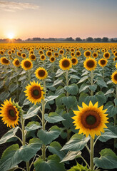 Obraz premium A sunflower field at sunrise. 