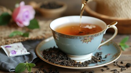 Teacup on saucer with dried tea leaves and fresh tea being poured