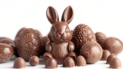 Chocolate easter bunny surrounded by colorful eggs on a white background