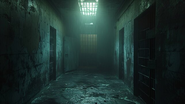 A haunting view of a deserted prison corridor, featuring shadowy cells and a foggy atmosphere, evoking a sense of isolation and mystery.