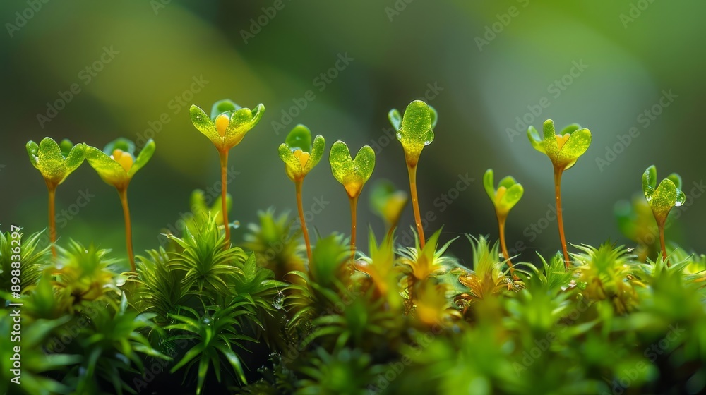 Poster close up of moss with sporangium structures in a verdant forest setting
