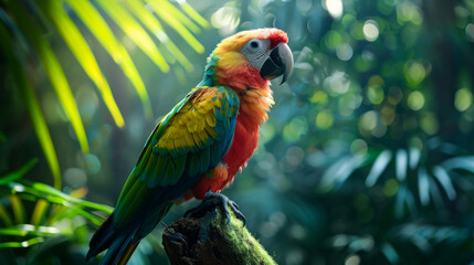 Obraz premium Close-up of a beautiful parrot in the tropics on a tree. Multi-colored bird in natural habitat. Concept of nature, animals.