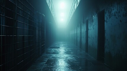 Eerie view of a dimly lit prison corridor, capturing a haunting atmosphere with fog and illuminated pathways, ideal for horror or suspense themes.