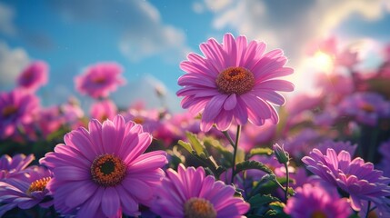 Obraz premium A close-up view of vibrant aster blooms under a clear blue sky at sunset