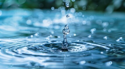 Rippling water droplet creating splashes in a tranquil pond during daylight