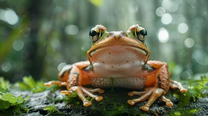 Wild frog in lush rainforest habitat sitting on a log during daylight