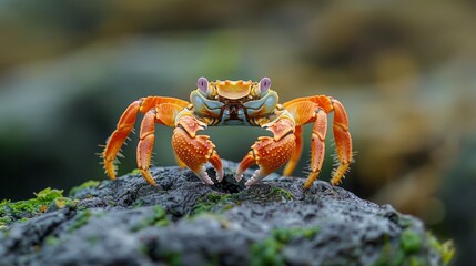 Solitary orange crab exploring rocky shoreline at sunrise