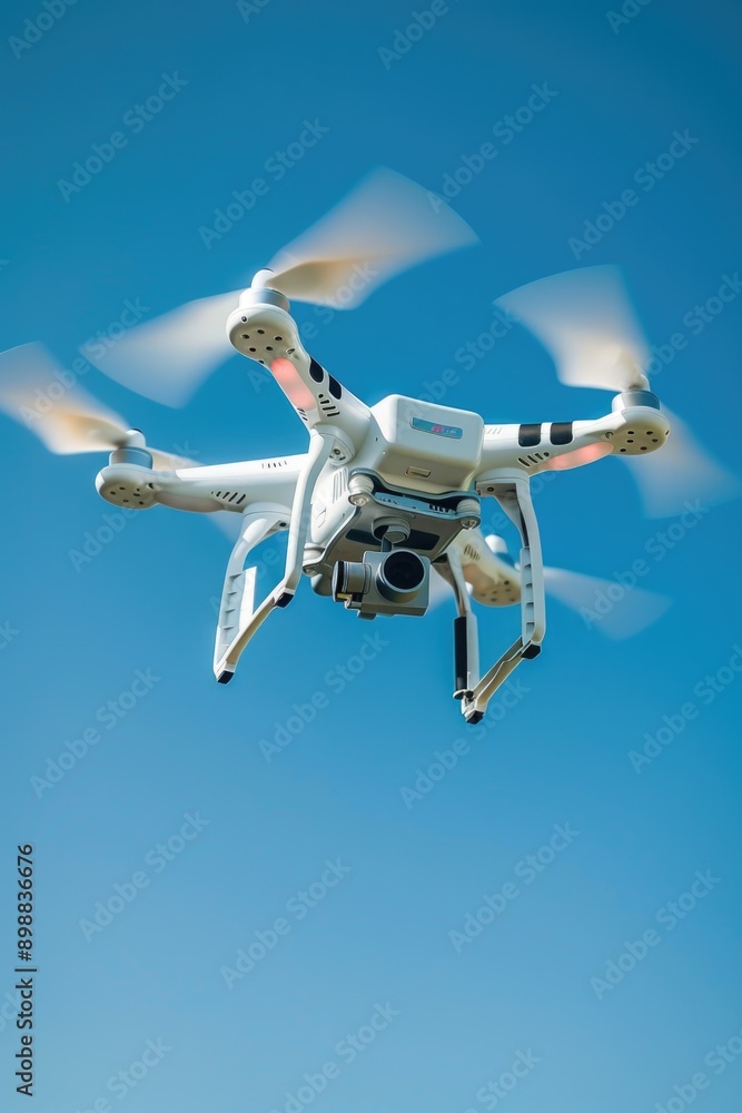 Poster aerial view of a white drone soaring through a clear blue sky, great for use in travel or technology