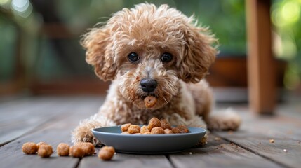 Miniature poodle toy enjoying meal on wooden deck in afternoon sunlight
