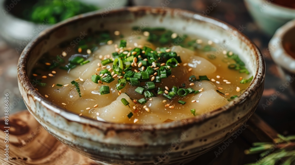 Poster cold acorn jelly soup with chopped scallions and sesame in rustic setting