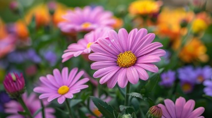Fototapeta premium Aster blooms in colorful garden during springtime