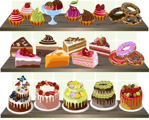 Vector illustration of sweet desserts.Beautiful sweet desserts on wooden shelves in color vector presentation.