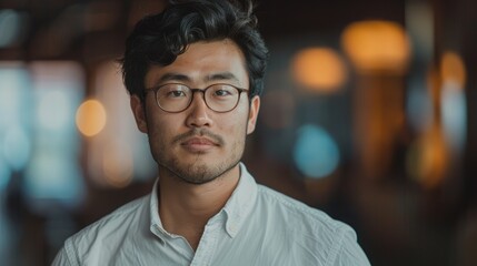 Obraz premium Young asian man posing confidently in a warmly lit indoor space