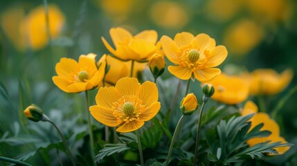Fototapeta premium Blooms of adonis vernalis in a verdant meadow during spring