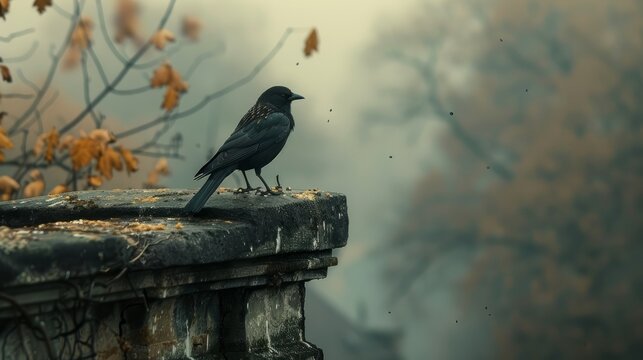 Nightingale perched on rooftop during early morning fog - Powered by Adobe