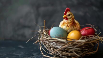 Colorful easter egg decoration with ceramic chicken in nest on dark background