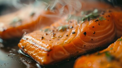 Cooking delicious red salmon fillets in a modern kitchen