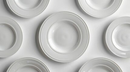 Porcelain dining plates arranged artistically on white background