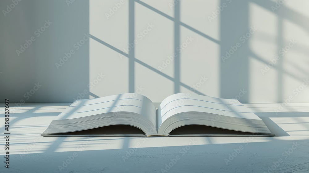 Poster open book resting on table with shadows cast by window