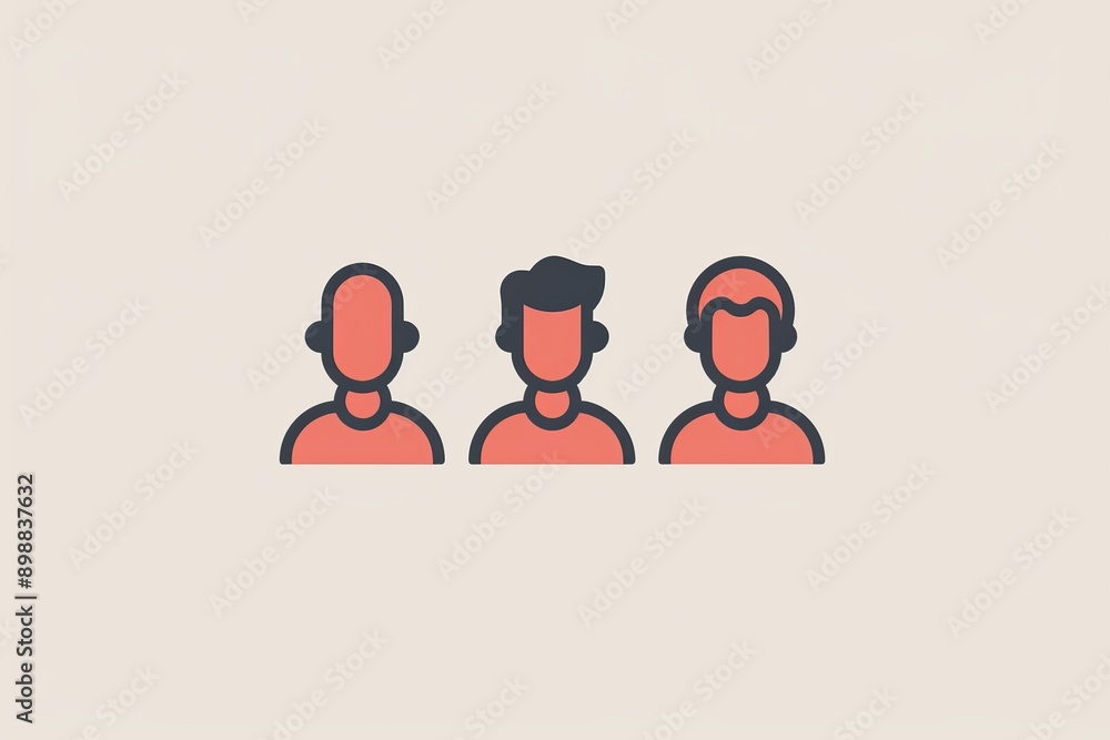 Poster minimalist icon of three heads in red and black on a beige background symbolizing community and conn
