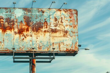 billboard with rusted frame and lights shining on a bright background