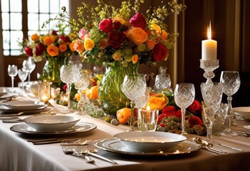 elegant dinner table arrangement featuring seasonal dishes exquisite tableware memorable dining experience, setup, sophisticated, decor, centerpiece, cloth