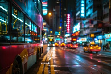 Fototapeta premium Vibrant Nightlife in Hong Kong With Buses and Neon Lights Reflecting on Wet Streets