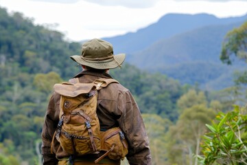 Hiker Overlooks Scenic Mountain Landscape During Adventurous Trek in Nature