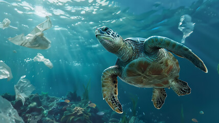 Several sea turtle eating plastic bags while swimming above the ocean floor seen from above 
