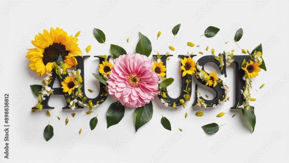 Sticker A word made of flowers and leaves with the letters august, AI