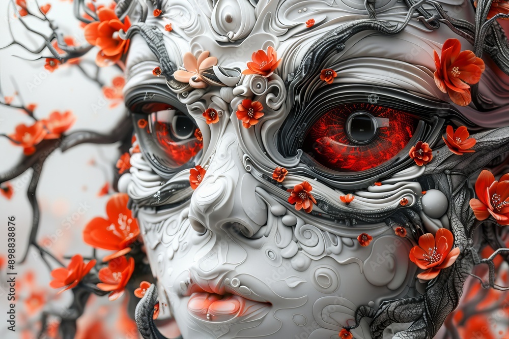 Poster surreal digital artwork of a human face with intricate red and white patterns symbolizing fantasy an